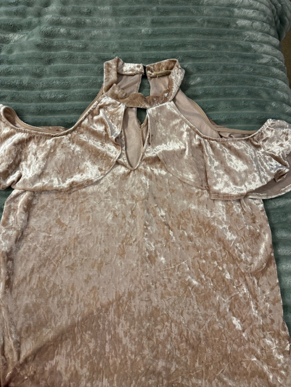 love J Crushed Velvet Cold-Shoulder Halter Top in Taupe